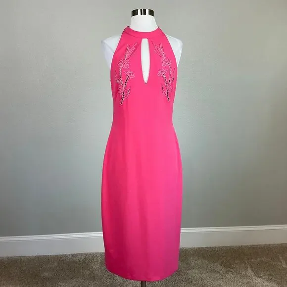 Aidan Mattox Beaded Cut Out Midi Sheath Cocktail Dress Coral Pink Size 6 - Picture 2 of 11